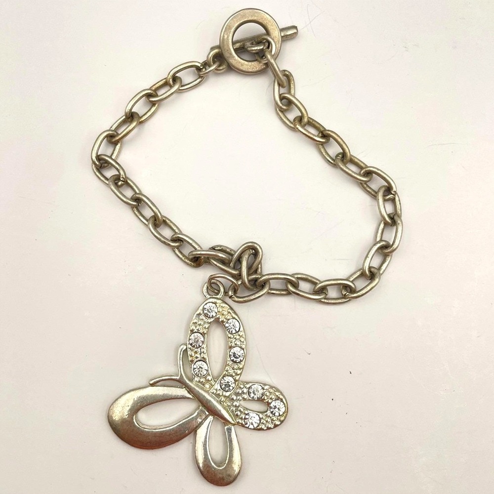 Vintage Silver Tone Butterfly Charm Bracelet Rhinestone Women's Jewelry Y2K Boho